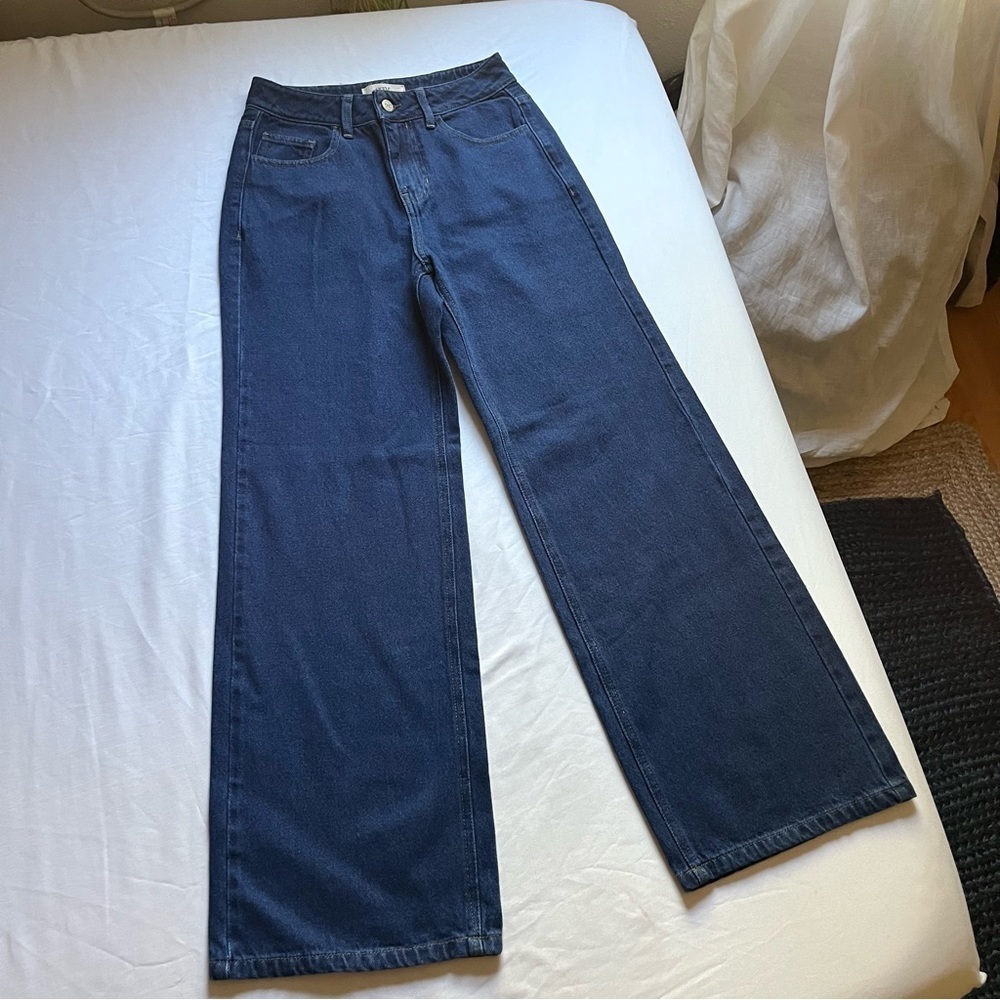 ECRU dark blue denim wash wide flare leg bootcut cropped high rise jeans